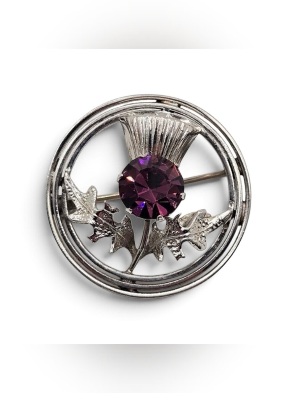 Vintage Signed Mizpah Scottish Thistle Brooch | Purple Rhinestone | Silver Tone